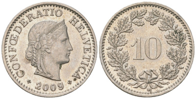 Швейцария 10 раппенов 2009 B KM 27 медно-никель UNC 4549-1122