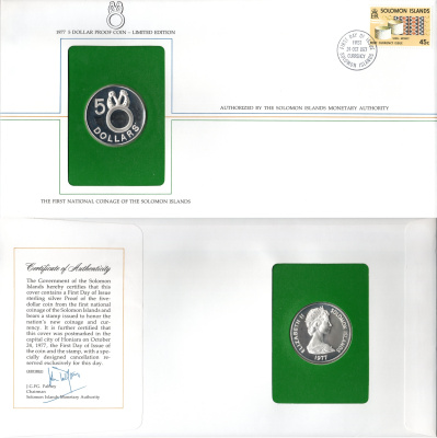 Соломоновы Острова набор "первый день выпуска" 1977 в комплект входит полный выпуск выходящих монет и банкнот в даном году - 7 монет (1, 2, 5, 10 и 20 центов; 1 и 5 долларов) и 3 банкноты (2, 5 и 10 долларов). 8-2-04-39