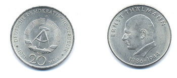 ГДР 20 марок 1971 A, 85 лет со дня рождения Эрнста Тельмана KM 34, J. 1535 медно-никель 3333-525