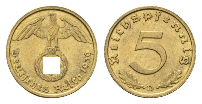Германия 5 рейхспфеннигов 1939 D KM 91, J. 363 алюминиевая бронза aUNC 1518-715