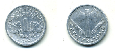 ФРАНЦИЯ 1 ФРАНК 1943 LB, ТИП LEGERE, ПРАВИТЕЛЬСТВО ВИШИ KM 902.1, LE FRANC 223.3 алюминий 23-1025