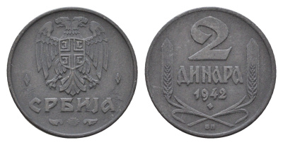 Сербия 2 динара 1942 год-тип KM 32 цинк 4182-446