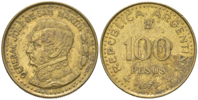 Аргентина 100 песо 1979 генерал Хосе де Сан Мартин KM 85 алюминиевая бронза 4616-1115