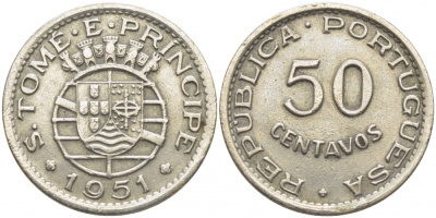 Португальское Сан-Томе и Принсипи 50 сентаво 1951 год тип KM 10 медно-никель 00-00-00