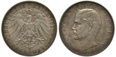 Бавария 3 марки 1910 Отто (1886-1913) Weege 45, J. 47, KM 515 серебро 3711-2012