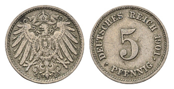 Германия 5 пфеннигов 1901 E KM 11, J. 12 медно-никель 4696-624