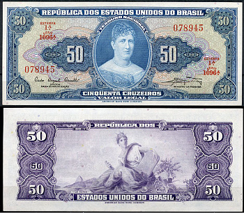 Бразилия 50 крузейро ND (1961) принцесса Изабел, Estampa 1, серия 1096А Pick 169 а  бумага  UNC (пресс) 451-456-2