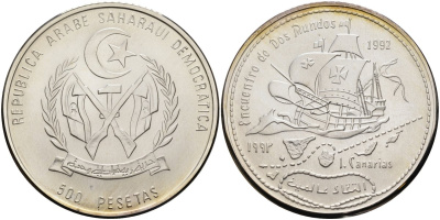 Западная Сахара 500 песет 1992 встреча двух миров, парусник на фоне канарских островов KM 9.1 серебро UNC 00-000-00