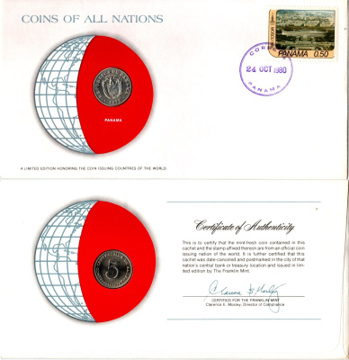 Панама 5 сентесимо 1975 конверт с маркой первого дня гашения, Coins of Nations KM 23.2 медно-никель UNC 4294-20-3