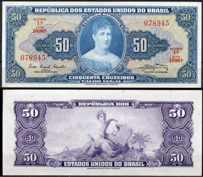 Бразилия 50 крузейро ND (1961) принцесса Изабел, Estampa 1, серия 1096А Pick 169 а  бумага  UNC (пресс) 451-456-2