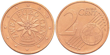 Австрия 2 евроцента 2009  KM 3083 сталь плакированная медью  UNC  4608-963
