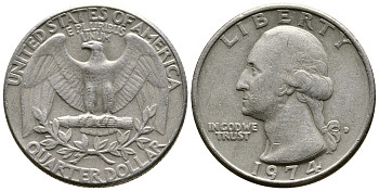 США 25 центов (квотер) 1974 D, Вашингтон KM 164a медь плакированная медно-никелем 4681-542