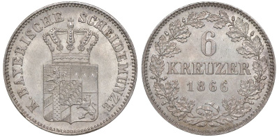 Бавария 6 крейцеров 1866 Людвиг II (1864-1888) KM 880 серебро  aUNC  1531-1243