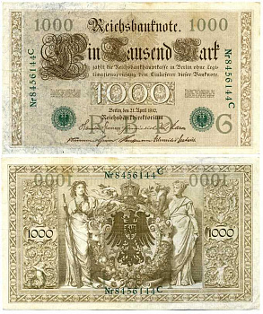 ГЕРМАНИЯ 1000 МАРОК 1910 21 АПРЕЛЯ 1910, ЗЕЛЁНАЯ ПЕЧАТЬ, СЕМИЗНАЧНЫЙ НОМЕР Pick 45b бумага 7375-33-2-1