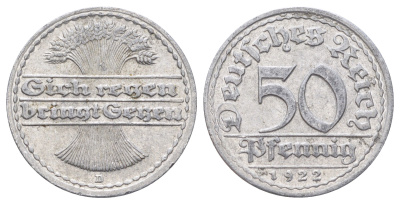 Германия 50 пфеннигов 1922 D KM 27, J. 301 алюминий 4700-1012