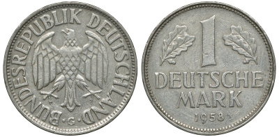 ФРГ 1 МАРКА 1958 G KM 110, J. 385 медно-никель 72-647