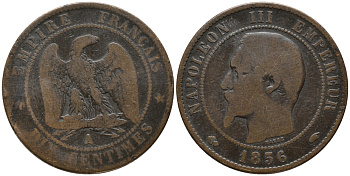 Франция 10 сантимов 1856 A, Наполеон III (1852-1870) KM 771.1, Le Franc 133.32 бронза 32-1016