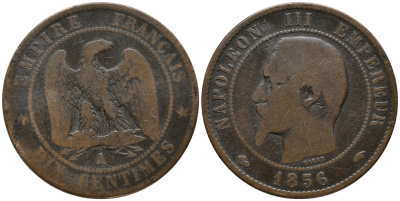 Франция 10 сантимов 1856 A, Наполеон III (1852-1870) KM 771.1, Le Franc 133.32 бронза 32-1016