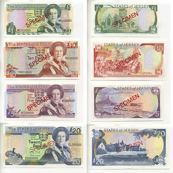 Джерси набор из 4 банкнот 1993 1, 5, 10, 20 фунтов, образец, Specimen Pick 20s, 21s, 22s, 23s бумага UNC (пресс) 451-237-2