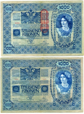 АВСТРИЯ 1000 КРОН 1919 КРАСНАЯ ВЕРТИКАЛЬНАЯ НАДПЕЧАТКА НА 1902 Pick 59 бумага 7146-58-2-1