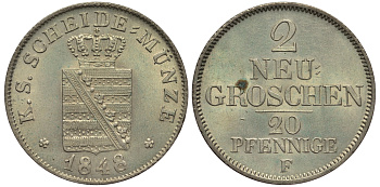 Саксония 2 новых гроша - 20 пфеннигов 1848 Фридрих Август II (1797-1854), из коллекции Gerhart Rother KM 1160, J. 83 серебро UNC 413-4643