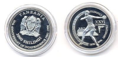 Танзания 2000 шиллингов 1996 XXVI Олимпийские игры 1996 года в Атланте, 100 лет Олимпийскому движению, дискобол, пробник, рубчатый гурт серебро PROOF 06-157-34
