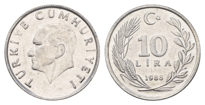 Турция 10 лир 1988 Кемаль Ататюрк KM 964 алюминий UNC 4395-134