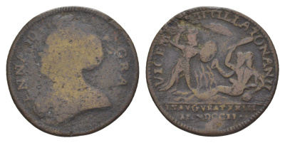 Англия жетон в честь восшествие Анна Стюарт на престол Англии, Шотландии и Ирландии 1702 гравер Дж. Крокер, диаметр 24 мм, вес 4,4 гр медь 1526-714