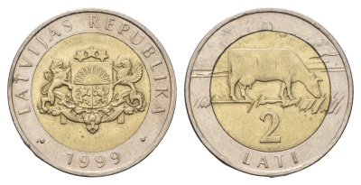 Латвия 2 лата 1999 корова KM 38 биметалл 4678-324
