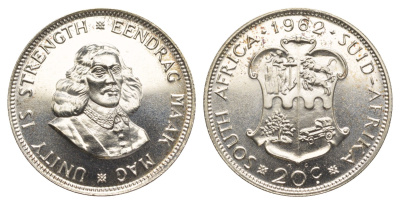 ЮАР 20 центов 1962 тираж - 3844 экземпляров KM 61 серебро PROOF 1527-1142