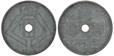 Бельгия 25 сантимов 1945 Belgie-Belgique KM 132 цинк 4163-637