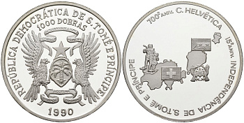 Сан-Томе и Принсипи 1000 добра 1990 700 лет Швейцарии, 15 лет независимости Сан-Томе и Принсипи серебро PROOF 1080-5-64