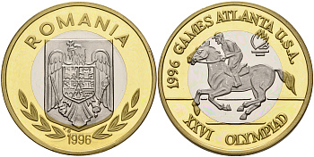 Румыния 100 леев 1996 XXVI Олимпийские игры 1996 года в Атланте, 100 лет Олимпийскому движению, скачки, пробный выпуск, пифорт KM PnB 315C1 биметалл  PROOF  1525-1242