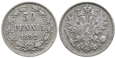 Россия для Финляндии 50 пенни 1892 L, Александр III (1881-1894) KM 2.2, Биткин 236 серебро 413-4045