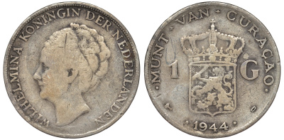 Нидерландское Кюрасао 1 гульден 1944 D, Вильгельмина (1890-1948) KM 45 серебро 36-327
