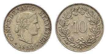 Швейцария 10 раппенов 1952 KM 27 медно-никель 4685-244