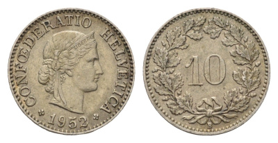 Швейцария 10 раппенов 1952 KM 27 медно-никель 4685-244