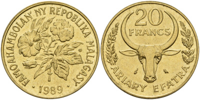 Мадагаскар 20 франков 1989 KM 12 алюминиевая бронза UNC 4604-824