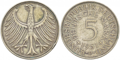 ФРГ 5 марок 1951 D J. 387, KM 112.1 серебро 115-1014