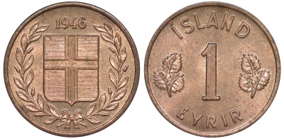 Исландия 1 эйре 1946 KM 8 бронза UNC 4596-219