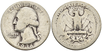 США 25 центов = квотер 1936 Вашингтон KM 164 серебро 85-1137