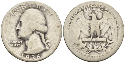 США 25 центов = квотер 1936 Вашингтон KM 164 серебро 85-1137