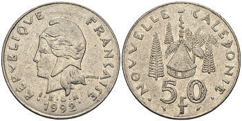 Французская Новая Каледония 50 франков 1992 хижина среди сосен и пальм, (IEOM) KM 13, Schoen 15, Lec 121 никель 4123-133