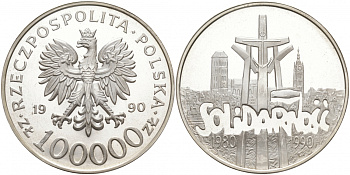 Польша 100000 злотых 1990 10 лет профсоюзу "Солидарность" (1980-1990) KM 196.1, Parchimowicz 619a серебро PROOF 1091-2-11