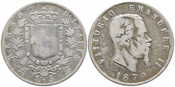 Италия 5 лир 1870 BN, Виктор Эммануил II KM 8.3 серебро 1521-941