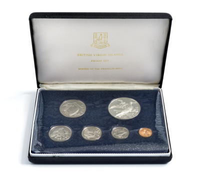 Британские Виргинские острова набор из 6 монет 1974 птицы, запайка, в оригинальной коробке с сертификатом тираж 93555 экз., KM PS2 серебро PROOF 7-7-19