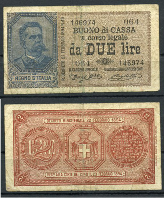 Италия 2 лиры 1894 BUONI DE CASSA Pick 35, Grapanzano BS 10 бумага 451-703-4