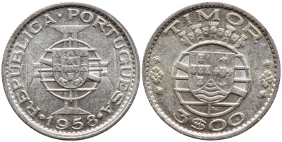 Португальский Тимор 3 эскудо 1958 год тип KM 14 серебро aUNC 80-849