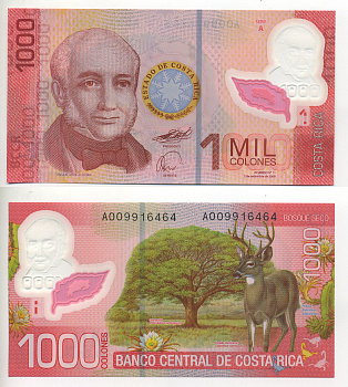 Коста-Рика 1000 колонов 2009 Браулио Каррильо Колина, дерево Гуанакаста, белохвостый олень Pick 274 a пластик UNC (пресс) 6283-39-1