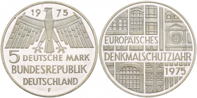 ФРГ 5 марок 1975 F, Европейский год охраны памятников J. 417, KM 142.1 серебро PROOF 4545-1142